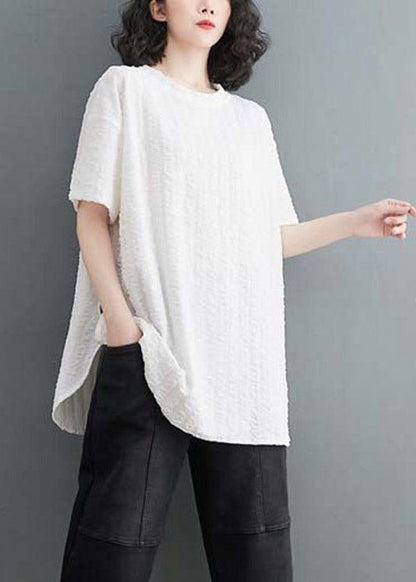 White O-neck Side Open Cotton Top Short Sleeve