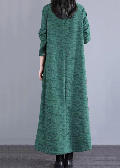 Green Stand Collar Patchwork Cotton Long Dresses Fall