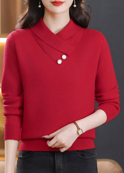 Apricot Button Patchwork Warm Fleece Woolen Knit Top Spring