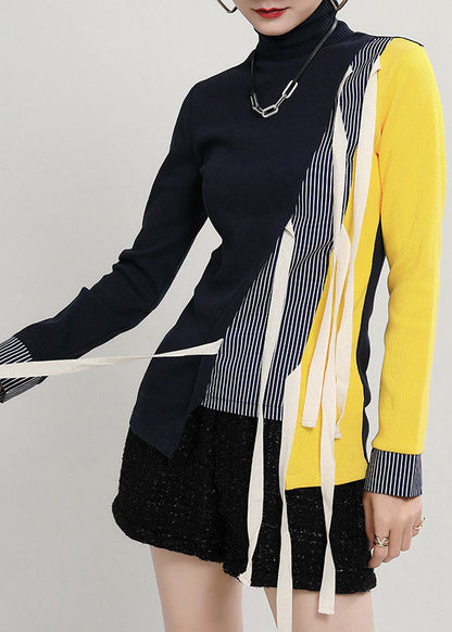 Dark Blue Asymmetrical Thick Patchwork Knit Sweater Spring