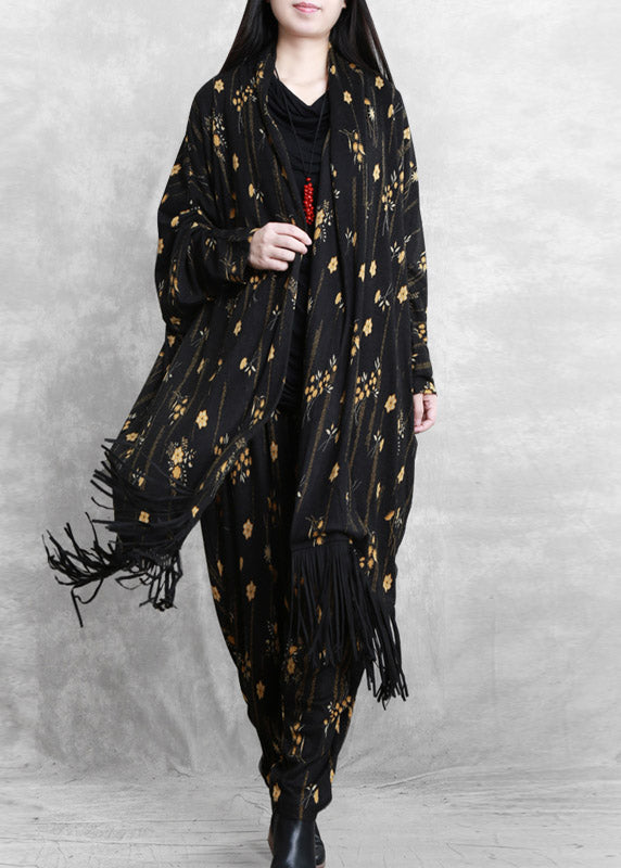 Black Print Mink Velvet Coat and Wide Leg Pants Two Pieces Set Fall
