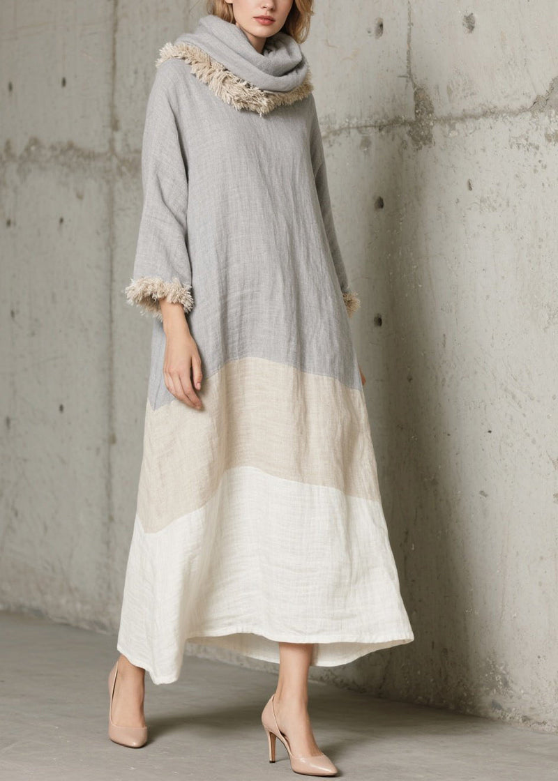 Grey Oversized Patchwork Faux Fur Long Dress Fall