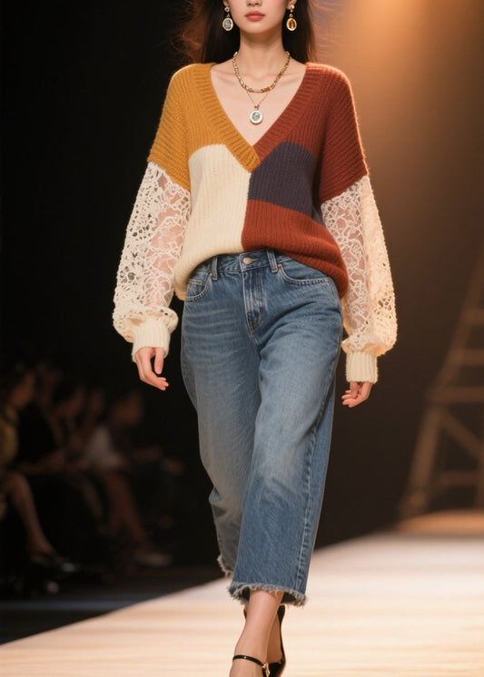 Colorblock Hollow Out Lace Patchwork Knit Sweater Fall