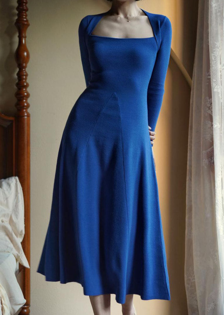 Blue Knit a Line Dress Square Collar Exra Large Hem Spring