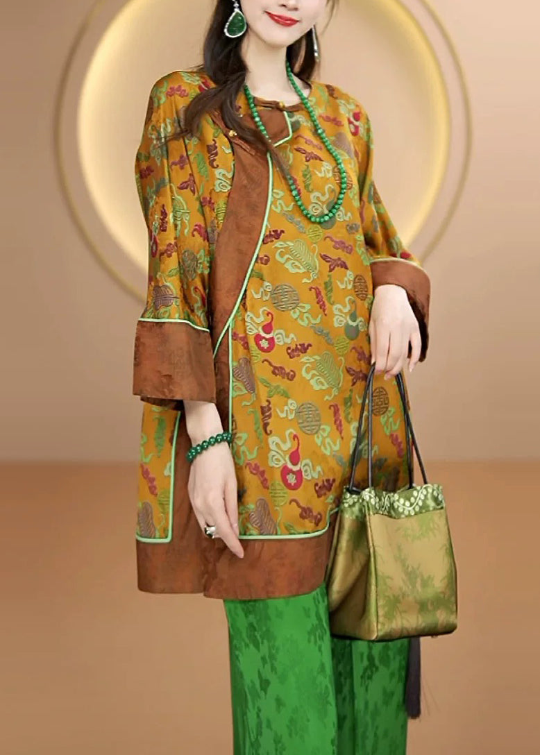 Yellow O Neck Print Oriental Button Silk Shirts Fall