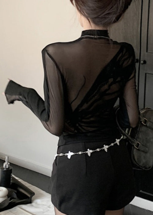 Black Turtleneck Tulle Patchwork T Shirt Long Sleeve