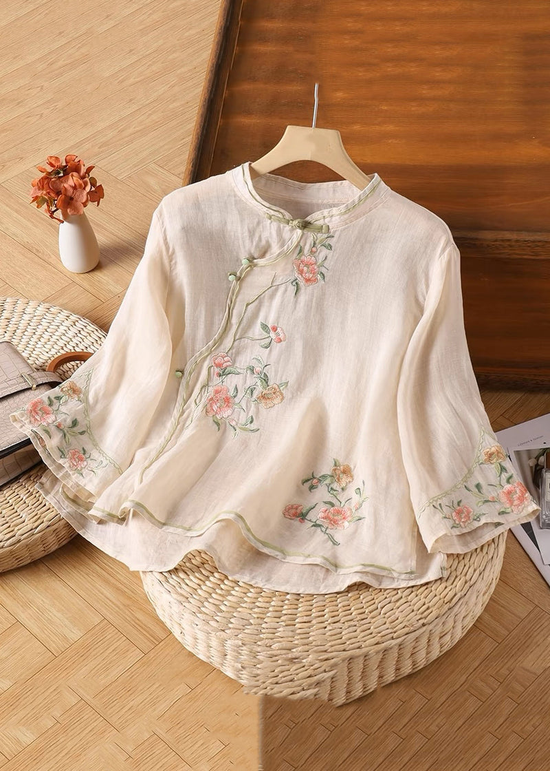Handmade Yellow Embroidered Button Linen Shirt Bracelet Sleeve Fall