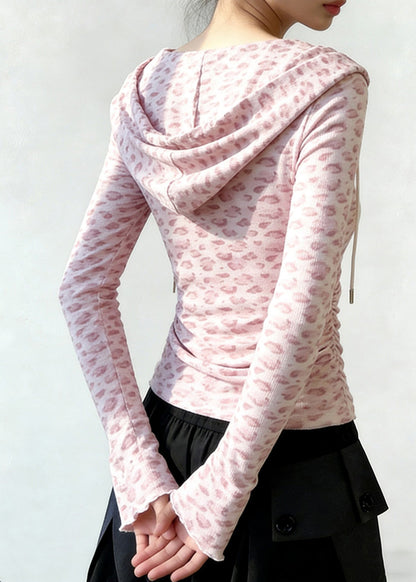 Pink Hooded Leopard Print Cotton Sweatshirt Tops Spring