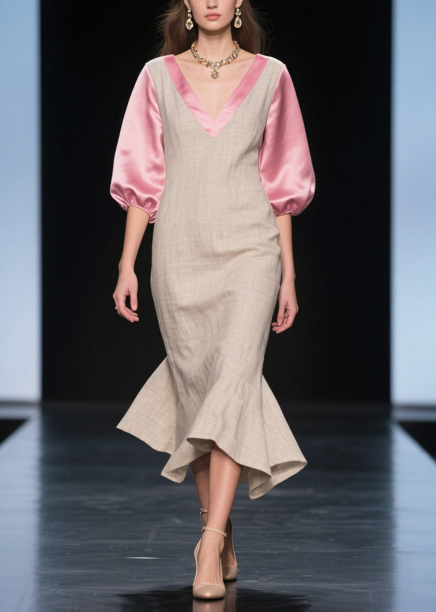 Beige Puff Sleeve Patchwork Linen Silk Maxi Dress Summer