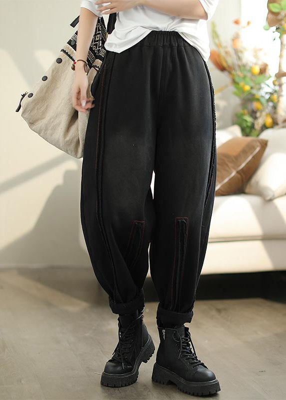 Black Pockets Elastic Waist Warm Fleece Pants Spring