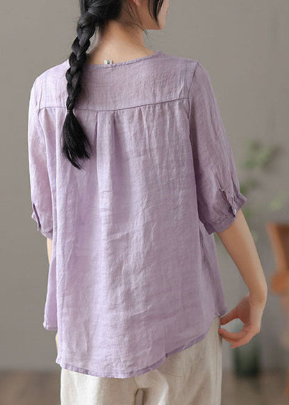 Purple V Neck Embroideried Linen Blouse Tops Half Sleeve