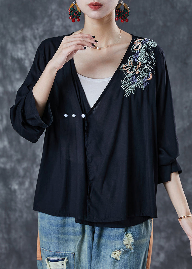 Black Embroidered Cotton Loose Blouses Summer