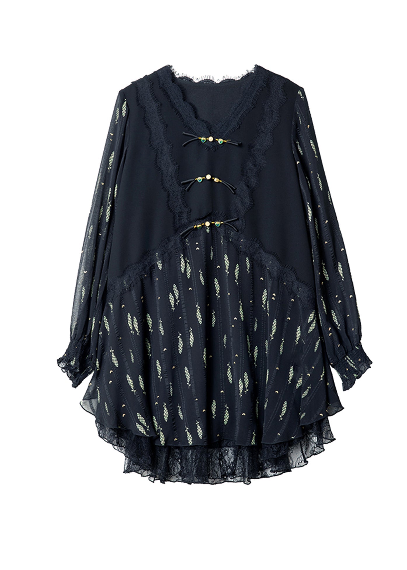 Stylish Black V Neck Lace Print Patchwork Chiffon Dress Spring