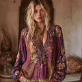 Women's Purple Patchwork Floral Vintage V-neck Top artswardrobe