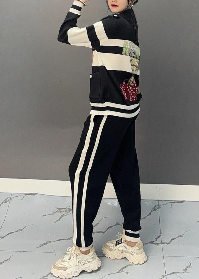 Vogue Black Turtleneck Patchwork Coats and Beam Pants Two Pieces Set Spring