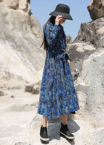Blue Cinched Print Long Dresses Spring