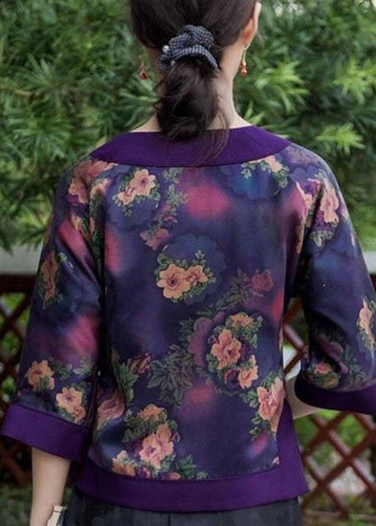 Oriental Purple Button O-neck Print Silk Tops Half Sleeve