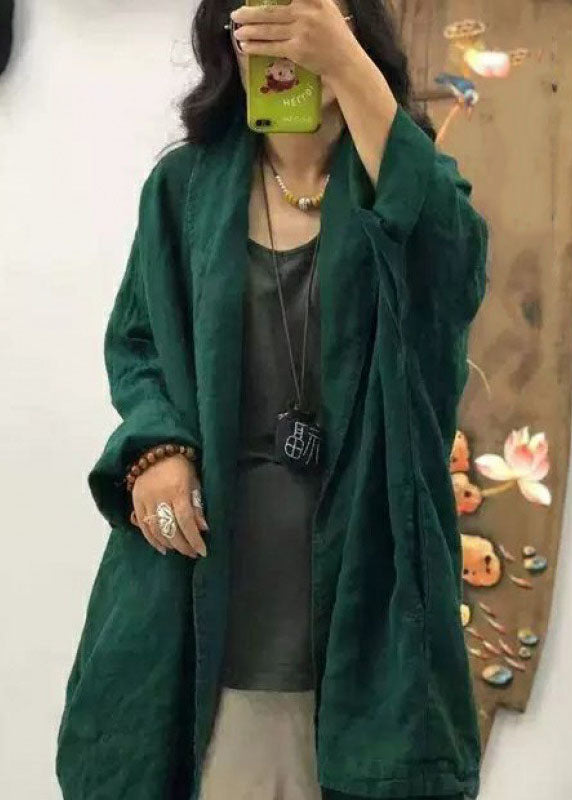 Loose Chocolate Pocket Peter Pan Collar Linen Coats Long Sleeve Fall