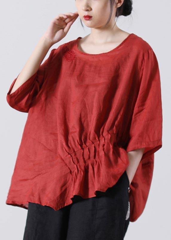 Red Cinched Cotton Linen Summer Blouse Top