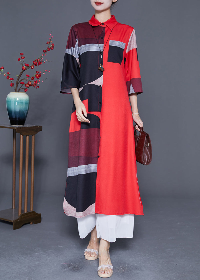 Red Asymmetrical Print Silk Maxi Dress Summer