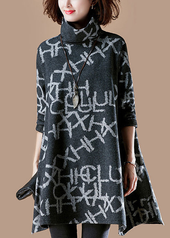 Black Turtleneck Alphabet Print Warm Fleece Thick Cotton Pullover Fall