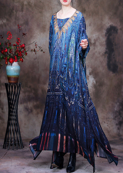 Peacock Blue V Neck Print Side Open Button Silk Long Dresses Summer