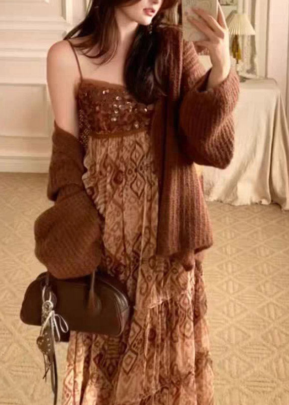 Brown V Neck Knit Cardigans and Long Spaghetti Strap Dress Two Piece Set Spring