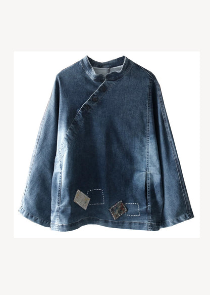 Navy Stand Collar Pockets Patchwork Denim Top Fall