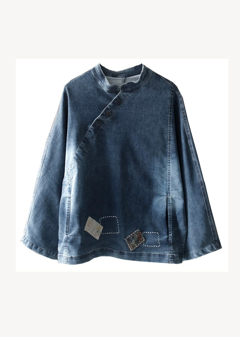 Navy Stand Collar Pockets Patchwork Denim Top Fall