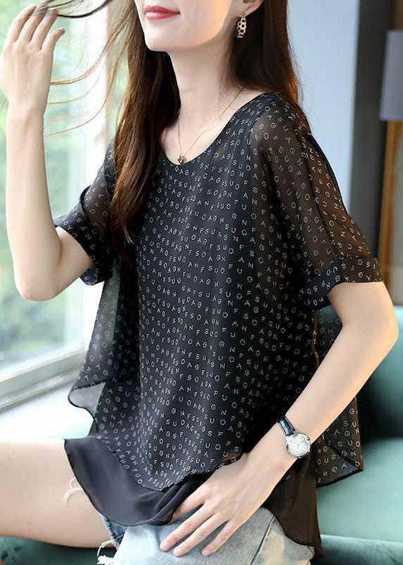 Unique Black O-neck Layered Design Letter Print Chiffon Tops Short Sleeve
