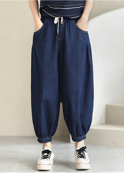 Navy Elastic Waist Drawstring Pockets Cotton Denim Beam Pants Summer