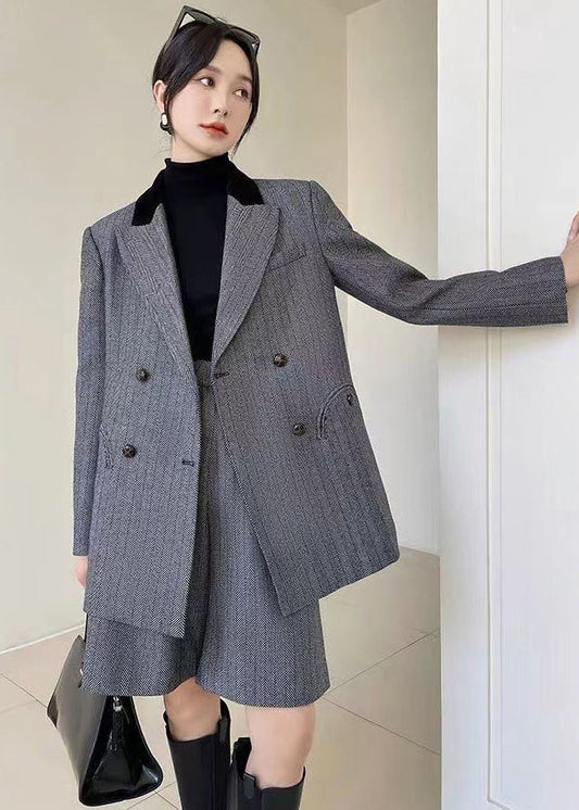 French Grey High Waist Coat and Shorts Thick Two Pieces Set Long Sleeve