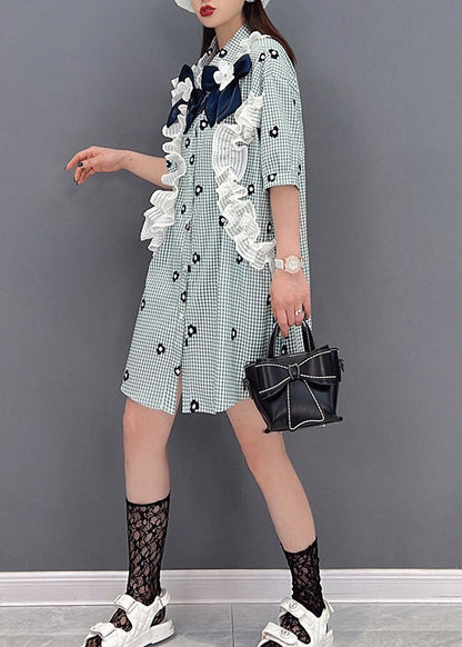 Plaid Peter Pan Collar Button Lace Patchwork Shirt Half Sleeve