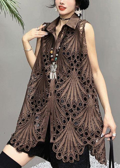 White Hollow Out Button Cotton Shirts Sleeveless