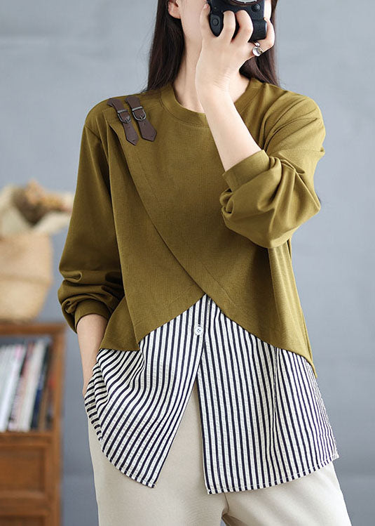 Green O Neck Patchwork False Two Pieces Cotton Top Spring