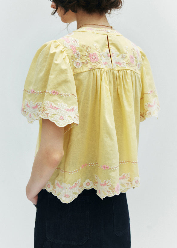 Yellow Embroidered Puff Sleeve Cotton Shirt