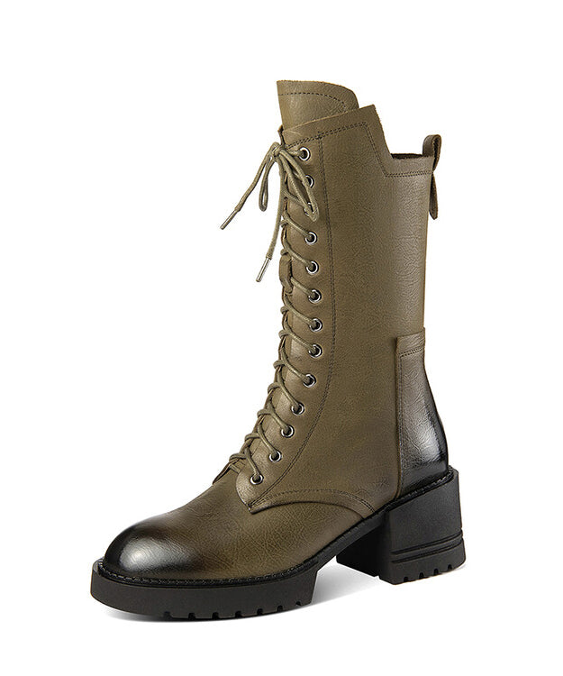 Splicing Chunky Boots Green Cowhide Leather Lace Up