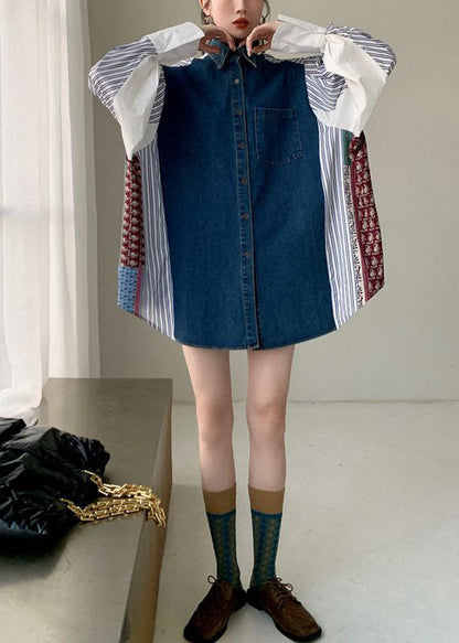 Colorblock Denim Patchwork Striped Print Cotton Shirt Dresses Spring