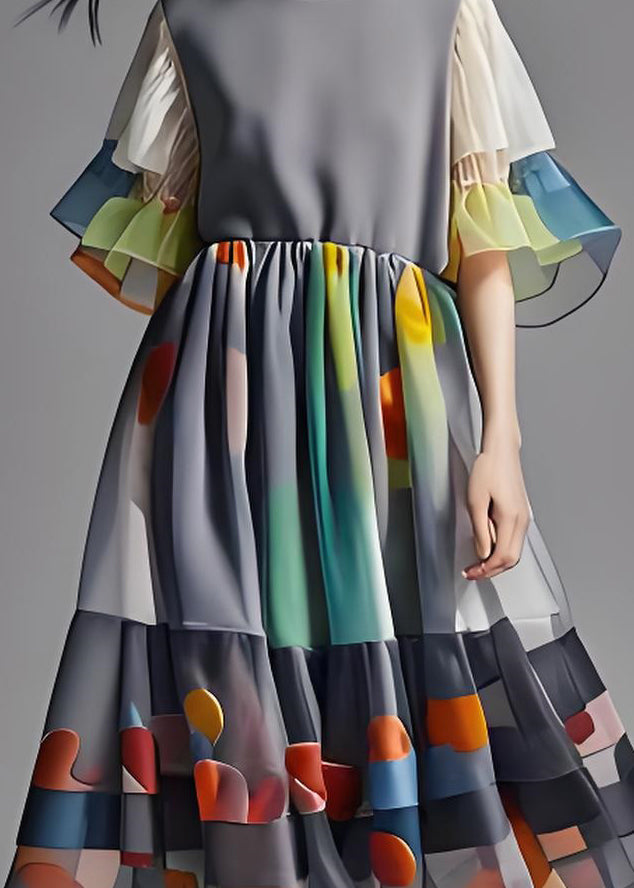 Grey Print Wrinkled Patchwork Chiffon Long Dress Summer