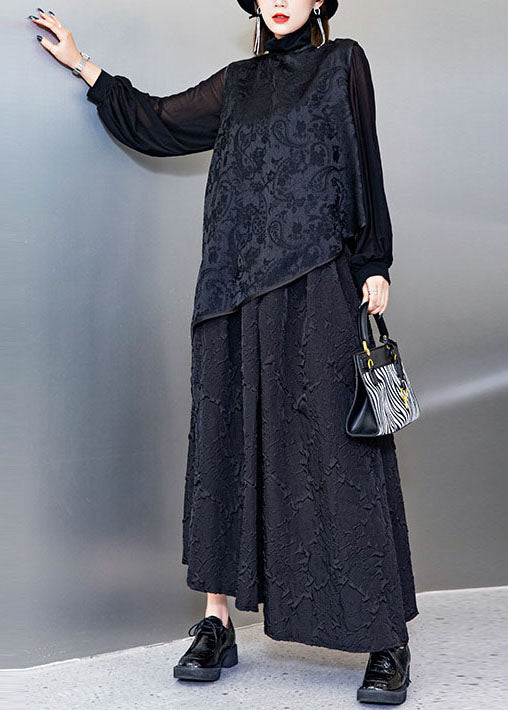 Organic Black Jacquard Asymmetrical Tops Loose Vest a Line Skirt Three Piece Outfit Spring