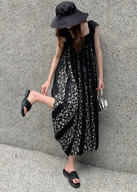 Black Print Wrinkled Patchwork Cotton Dresses Summer