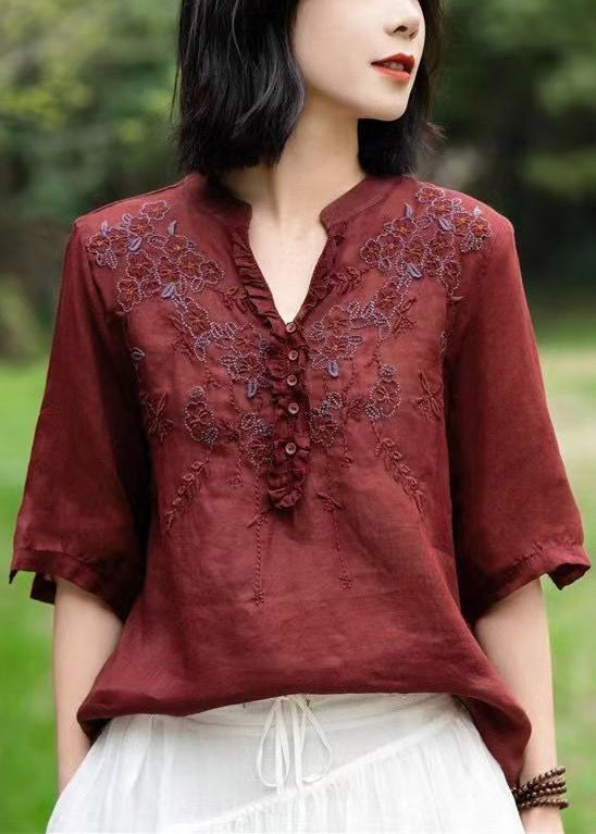 Unique Blue V Neck Embroideried Patchwork Linen T Shirts Half Sleeve