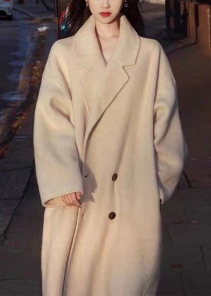 Apricot Peter Pan Collar Button Pockets Woolen Coats Long Sleeve