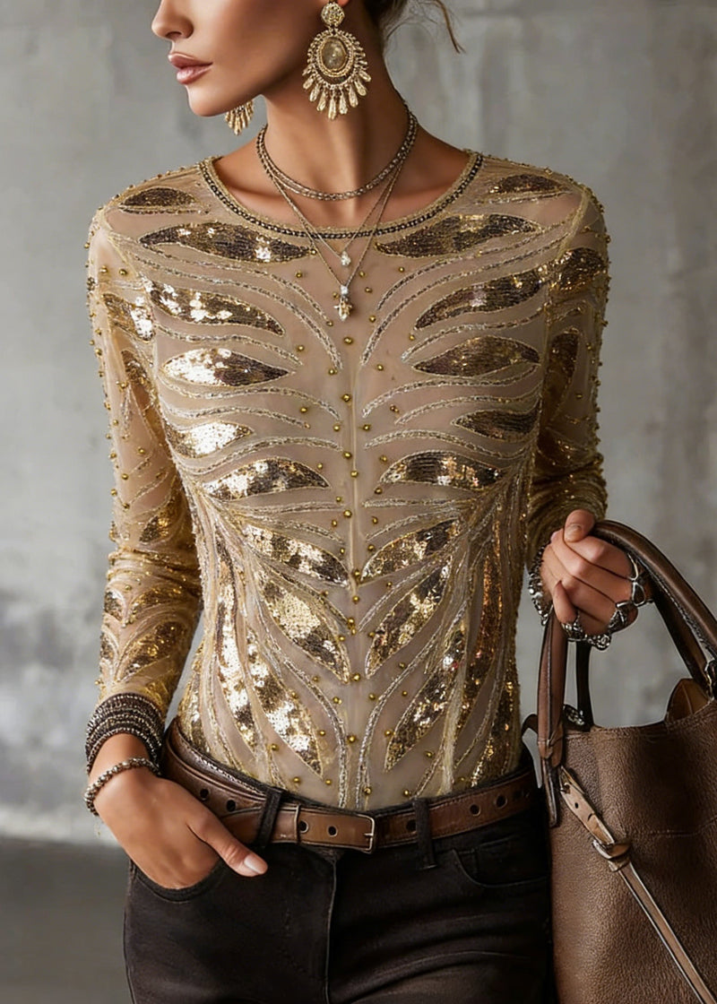 Gold O Neck Nail Bead Slim Fit Tulle Top Spring