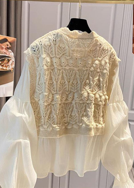 Apricot O-neck Lace Patchwork Hollow Out Shirts Long Sleeve