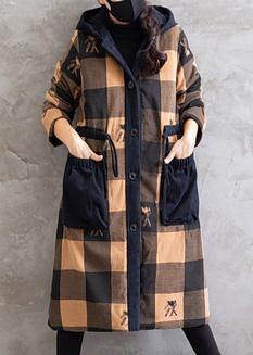 Oversize Coats Yellow Plaid Hooded Drawstring Parkas Coats
