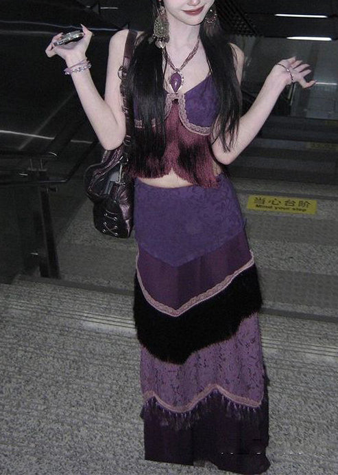 Style Purple Tasseled Patchwork Silk Two Piece Set Summer