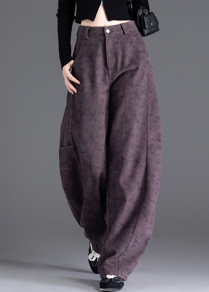 Purple Pockets Print Wrinkled Denim Pants Spring