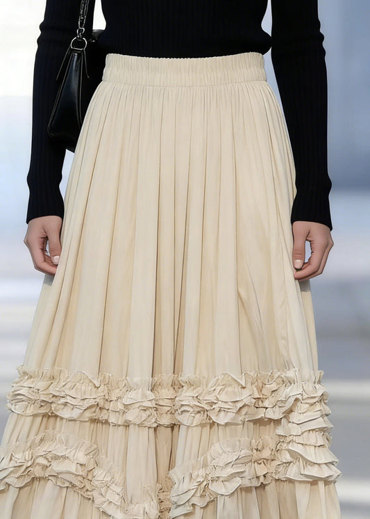 Apricot Ruffled Patchwork Elastic Waist Maxi Skirts