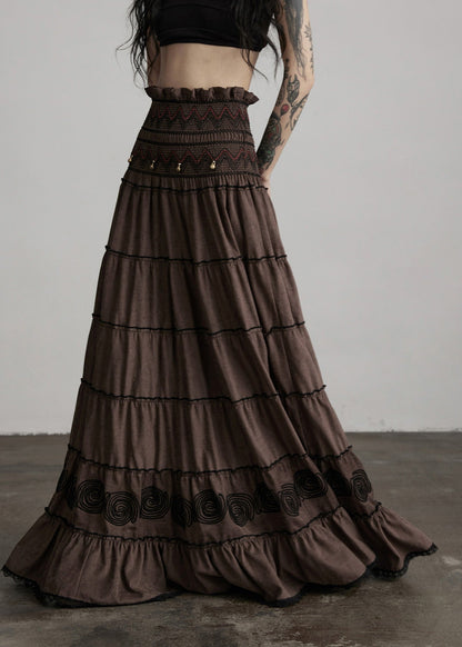 Brown Embroidered Tasseled Cotton Holiday Skirt Spring